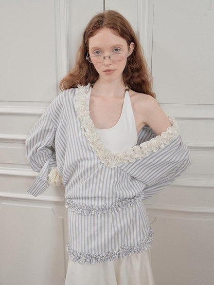 AnnoMundi Pleated Light V Neck Striped Blouse