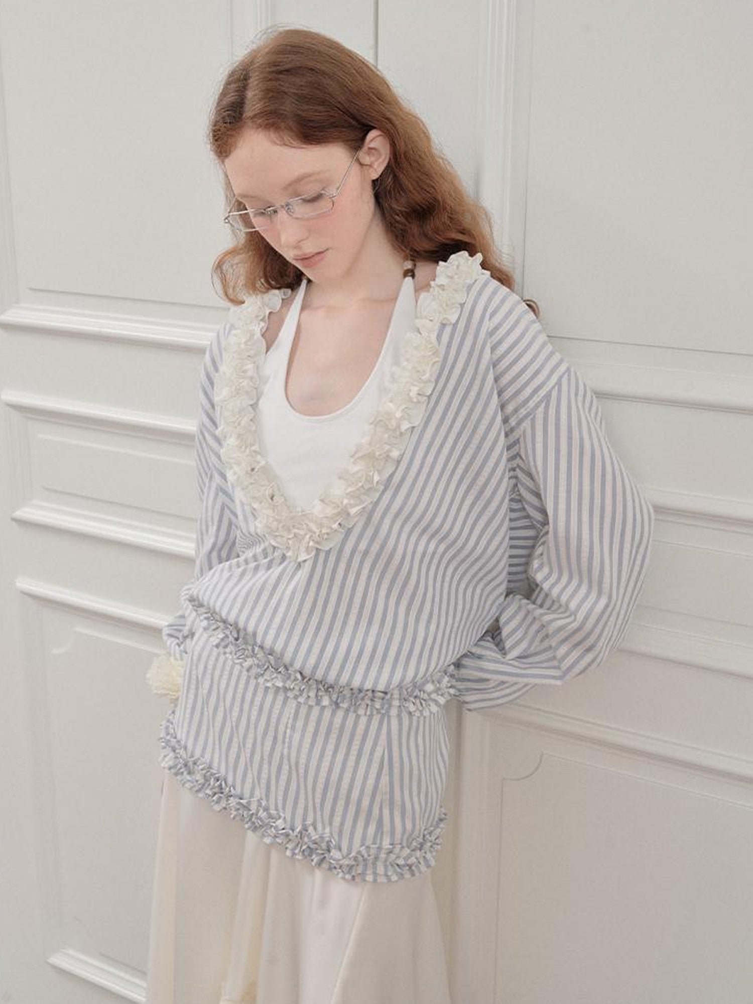 AnnoMundi Pleated Light V Neck Striped Blouse