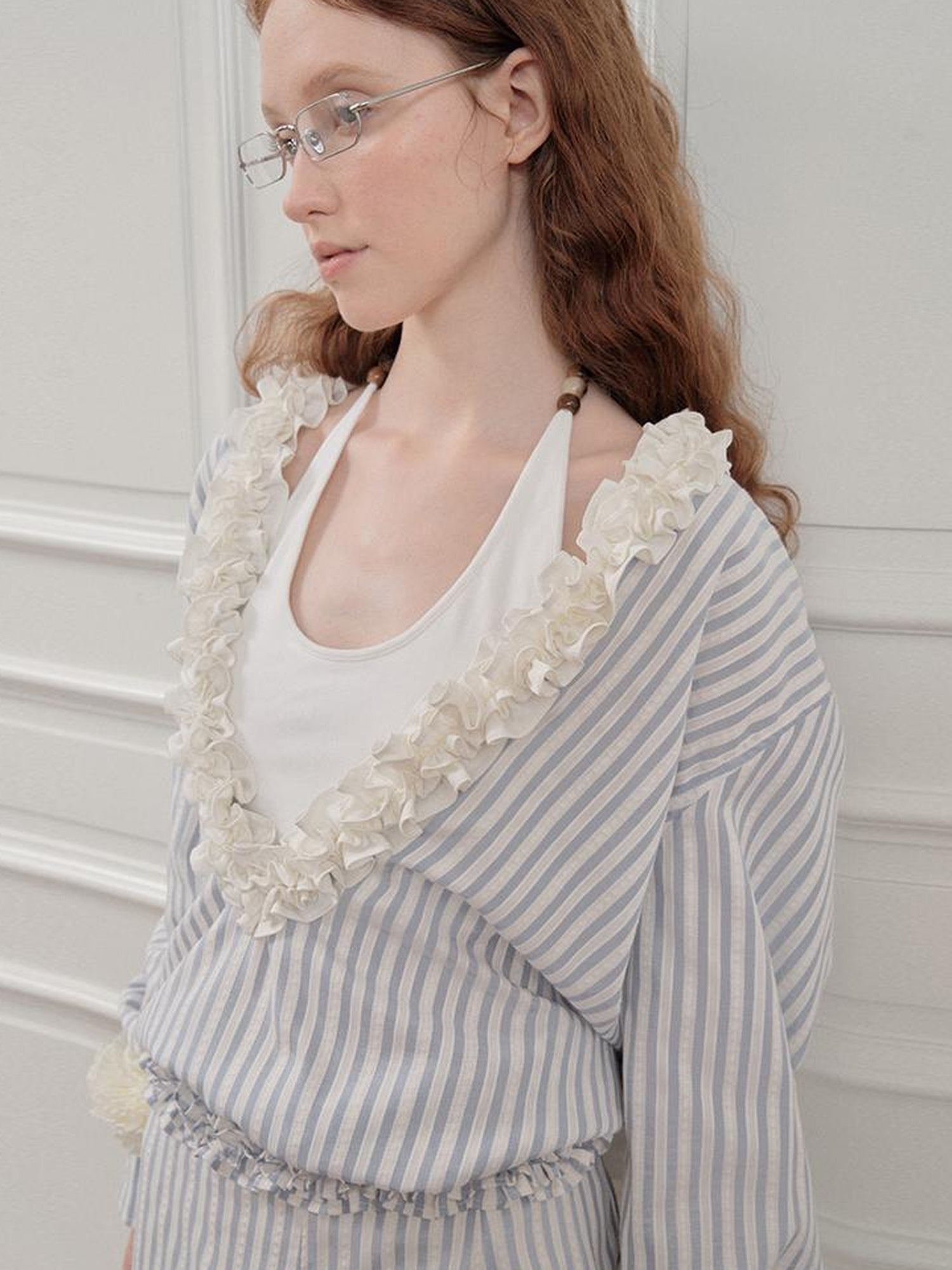AnnoMundi Pleated Light V Neck Striped Blouse