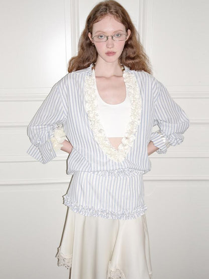 AnnoMundi Pleated Light V Neck Striped Blouse