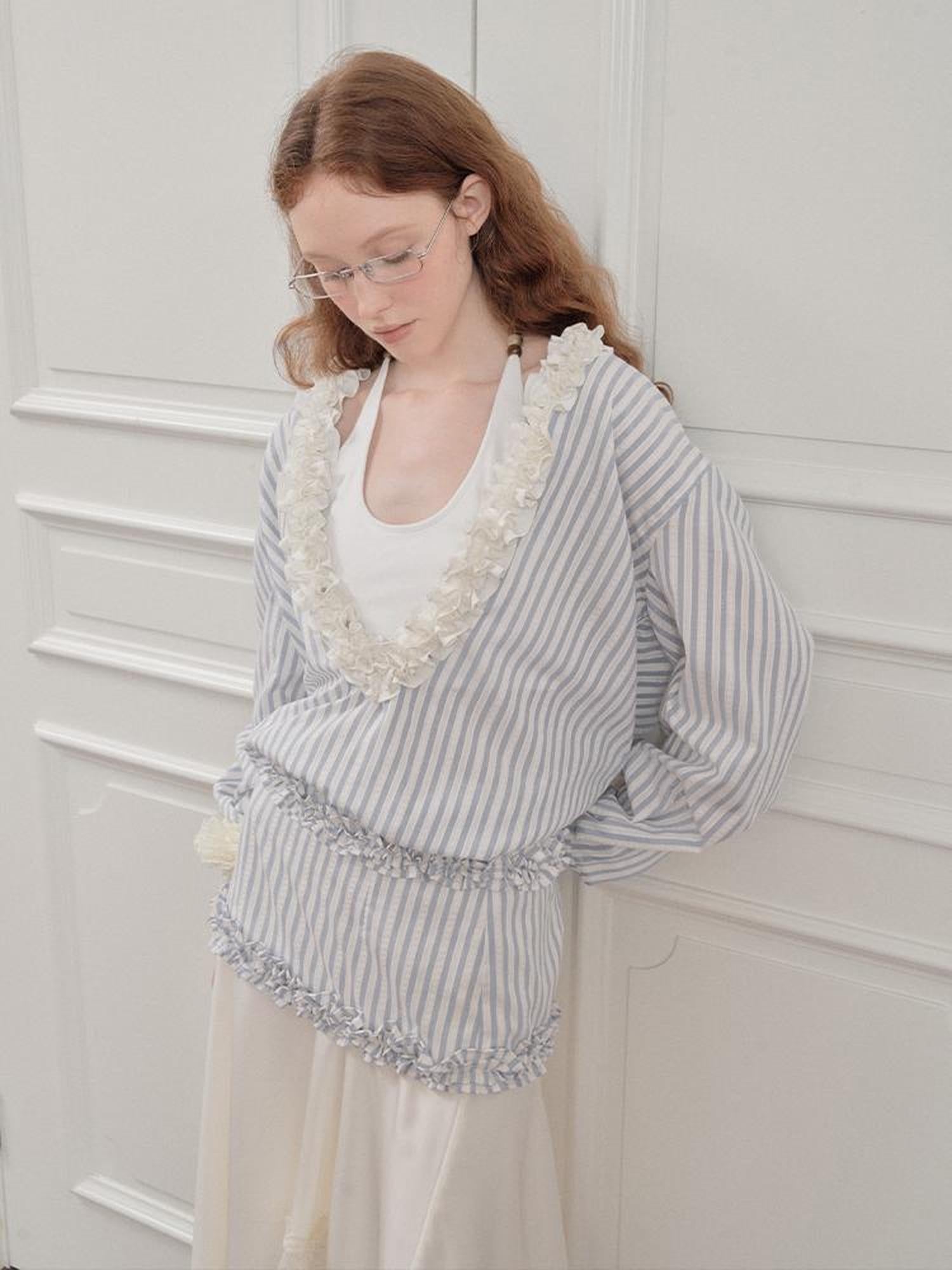 AnnoMundi Pleated Light V Neck Striped Blouse