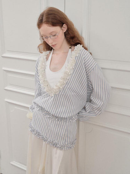 AnnoMundi Pleated Light V Neck Striped Blouse