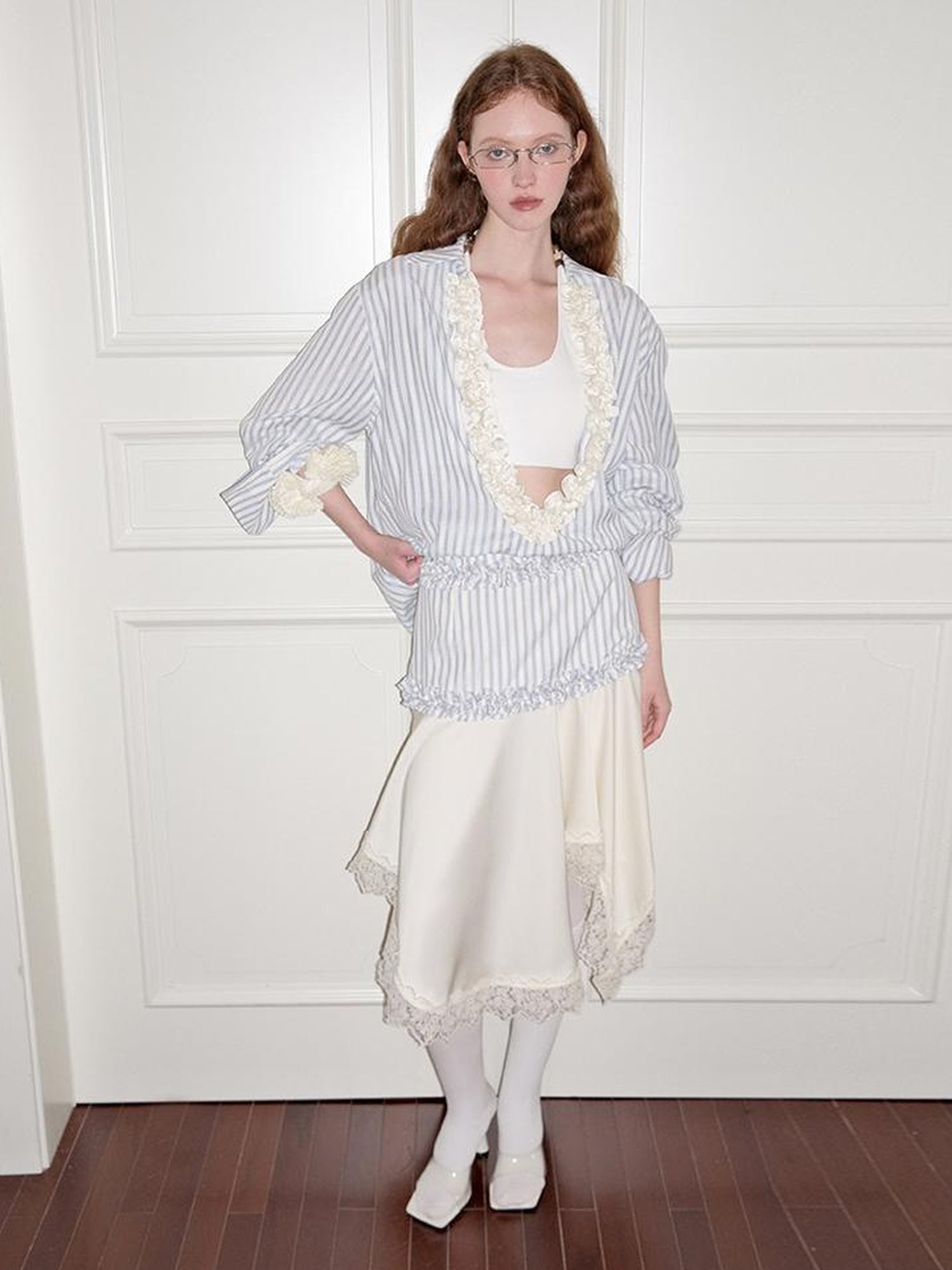 AnnoMundi Pleated Light V Neck Striped Blouse