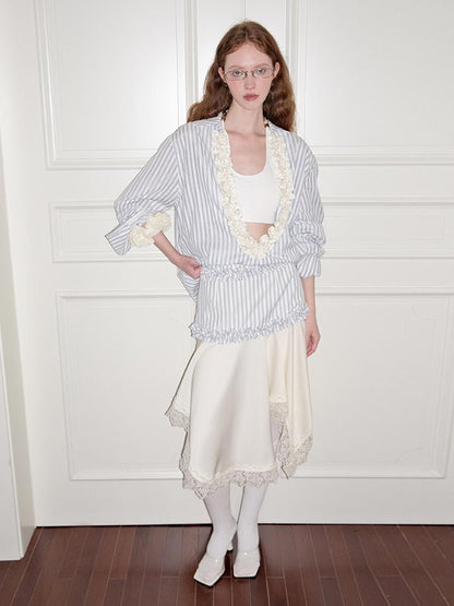 AnnoMundi Pleated Light V Neck Striped Blouse