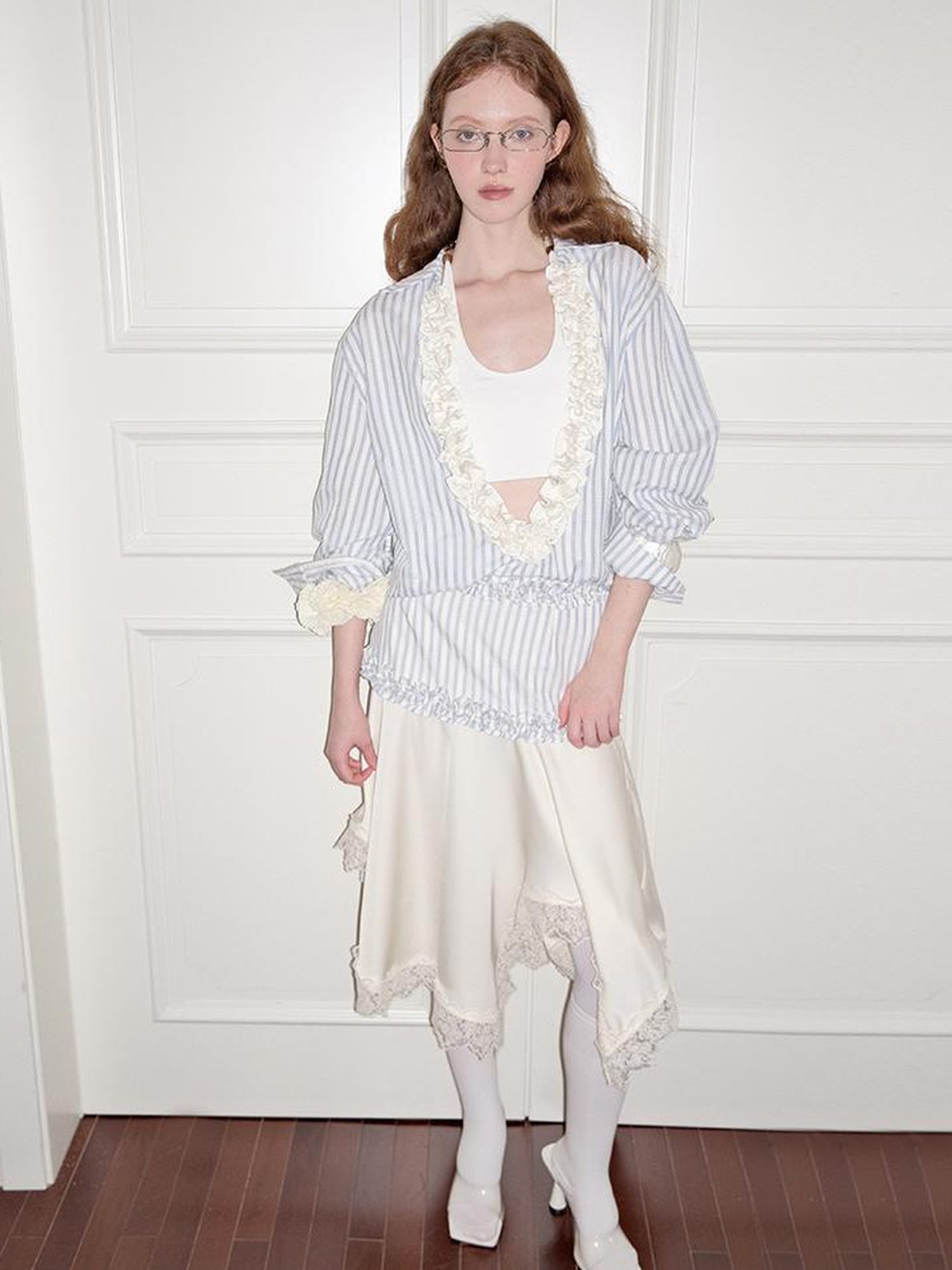 AnnoMundi Pleated Light V Neck Striped Blouse