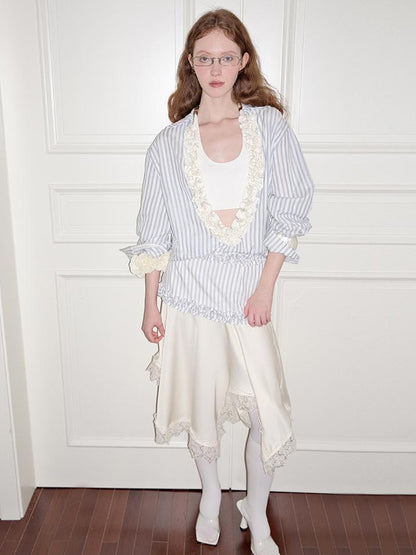 AnnoMundi Pleated Light V Neck Striped Blouse