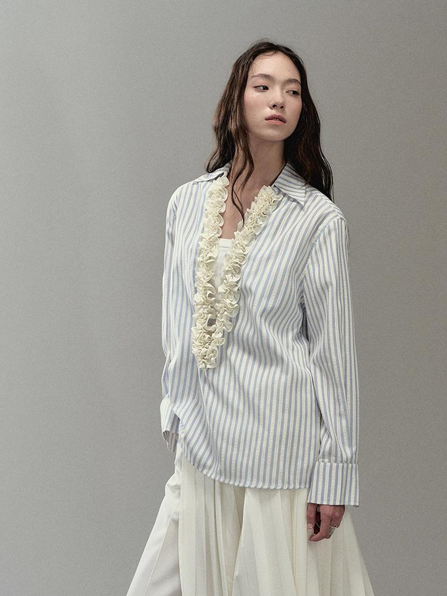AnnoMundi Pleated Light V Neck Striped Blouse