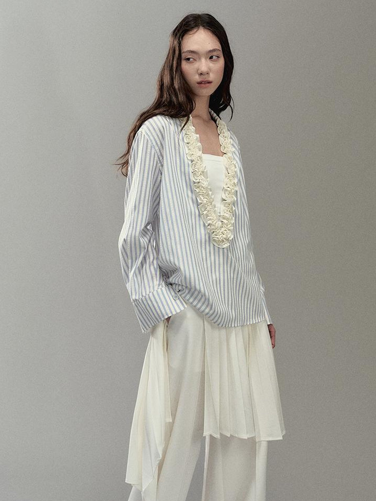 AnnoMundi Pleated Light V Neck Striped Blouse