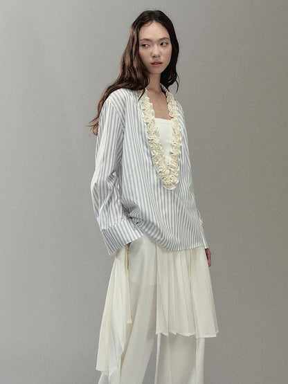 AnnoMundi Pleated Light V Neck Striped Blouse