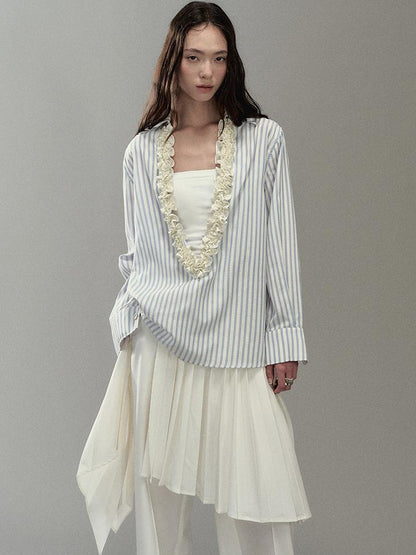 AnnoMundi Pleated Light V Neck Striped Blouse