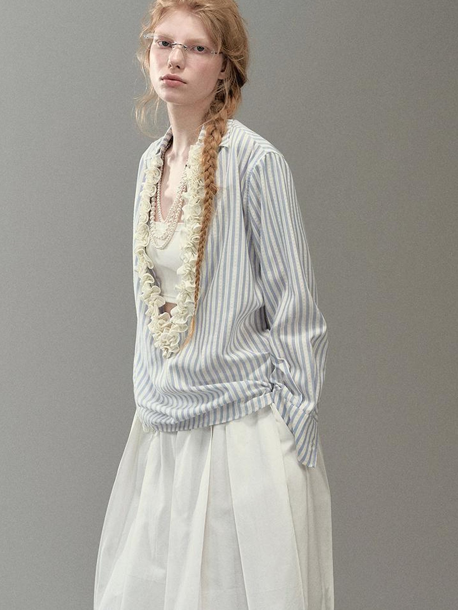 AnnoMundi Pleated Light V Neck Striped Blouse