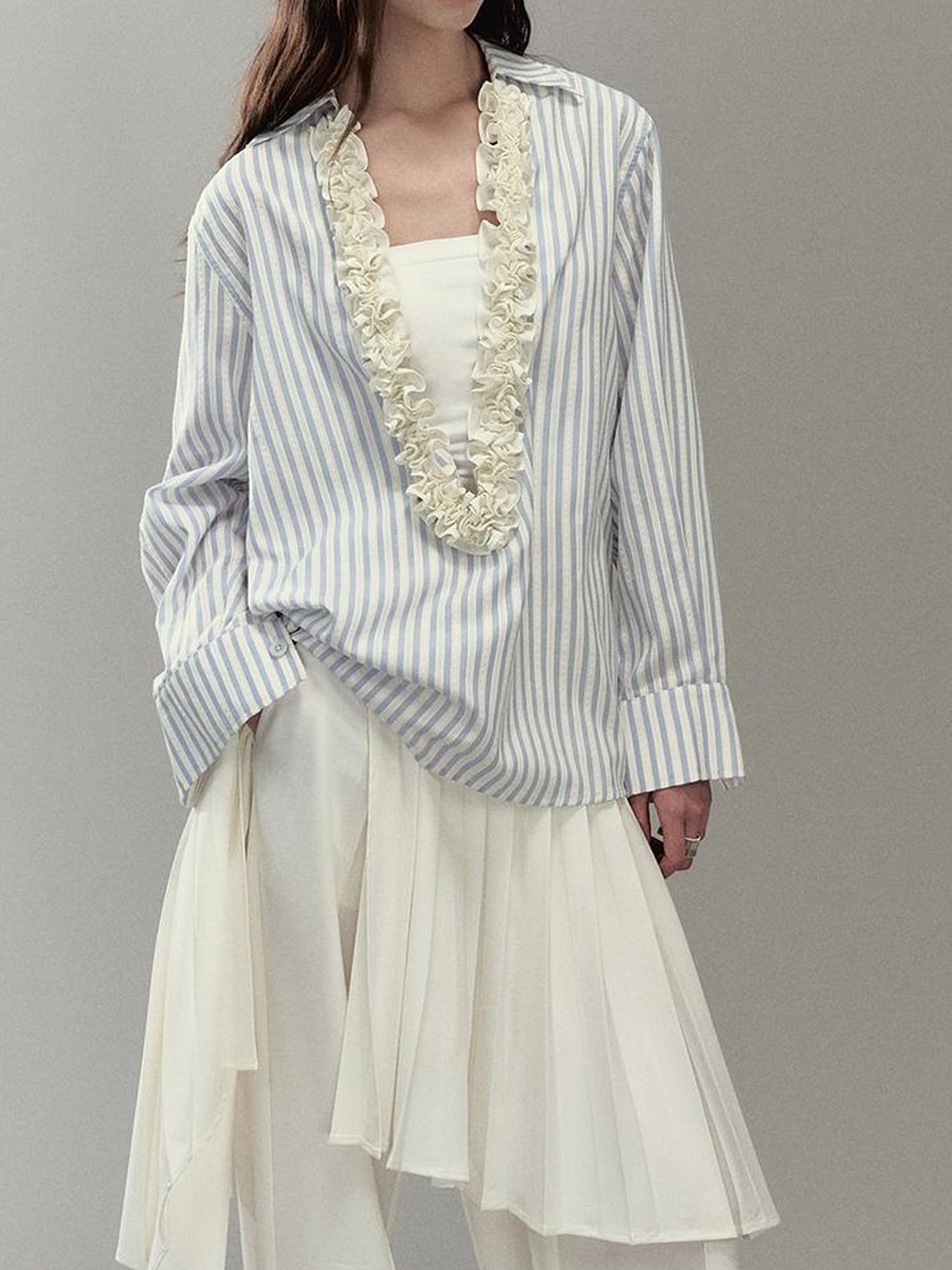 AnnoMundi Pleated Light V Neck Striped Blouse