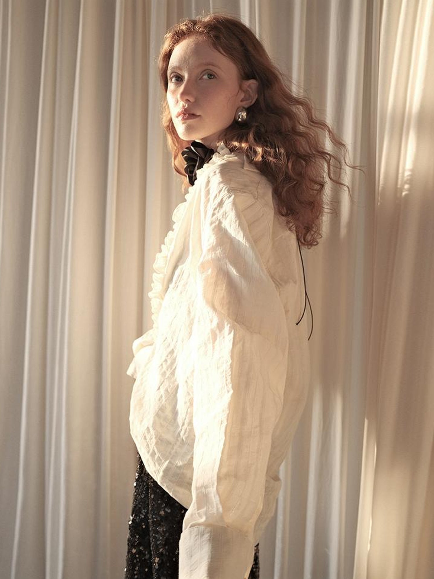 AnnoMundi Pleated Light V Neck Striped Blouse