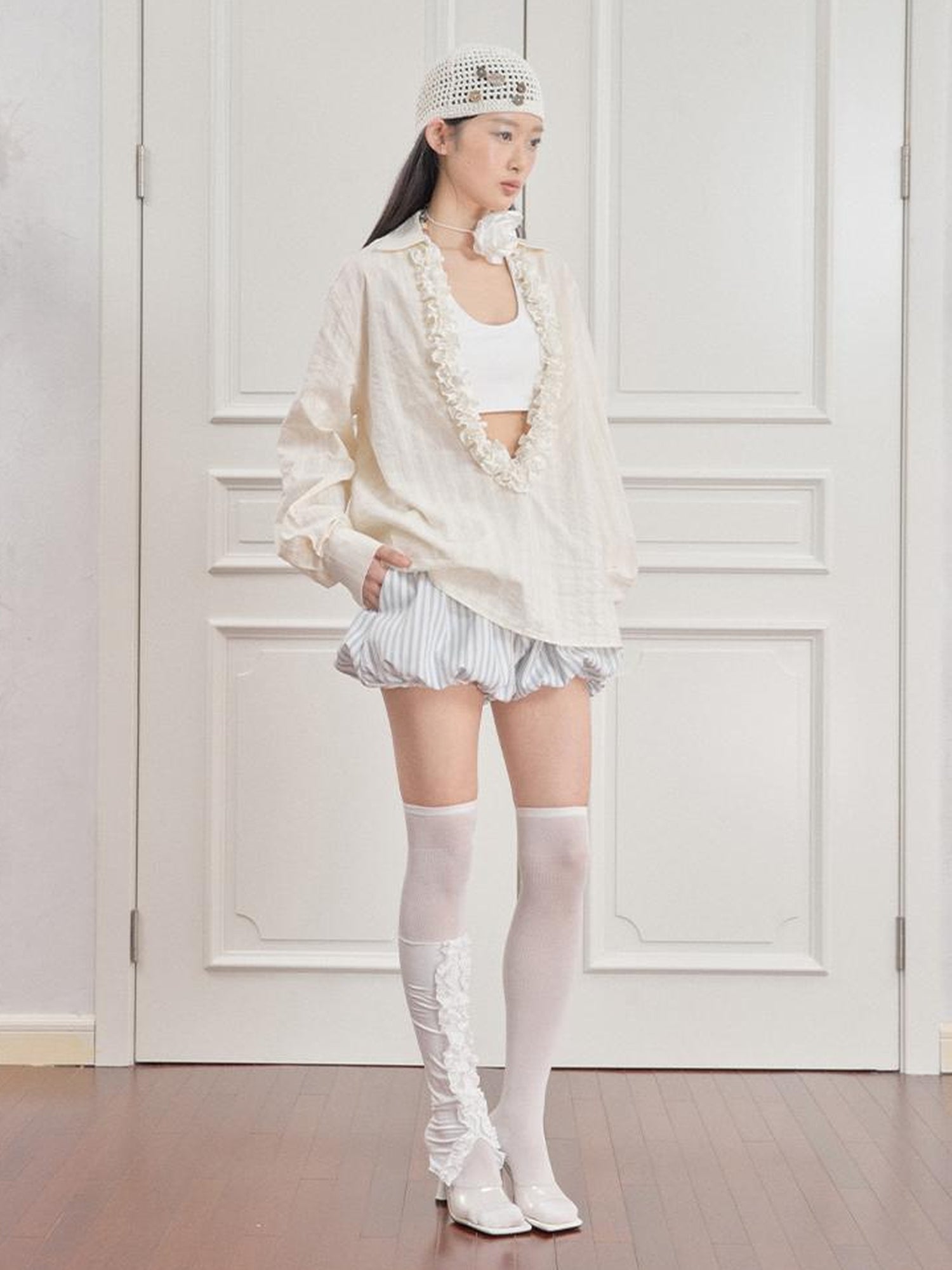 AnnoMundi Pleated Light V Neck Striped Blouse