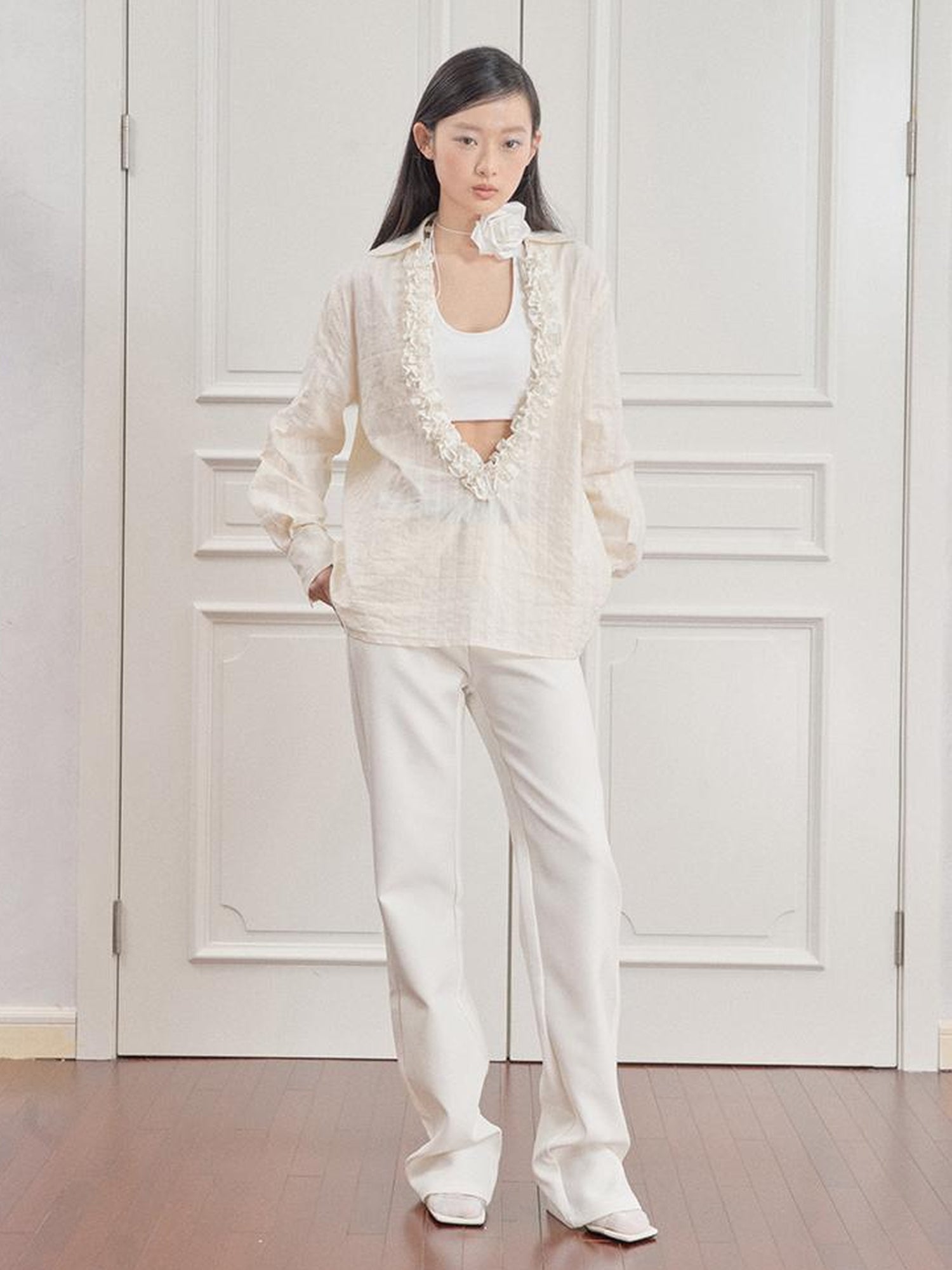 AnnoMundi Pleated Light V Neck Striped Blouse
