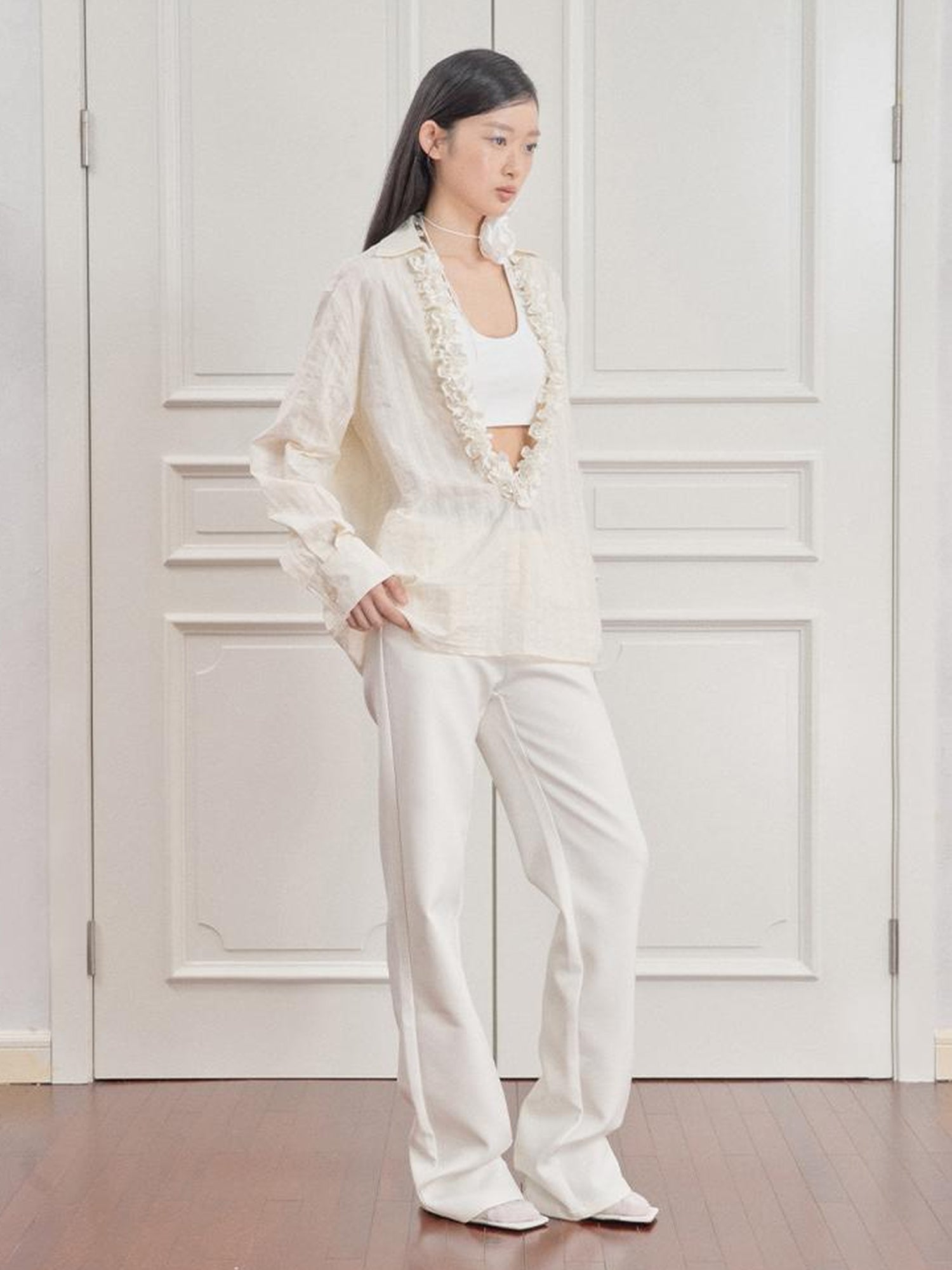 AnnoMundi Pleated Light V Neck Striped Blouse
