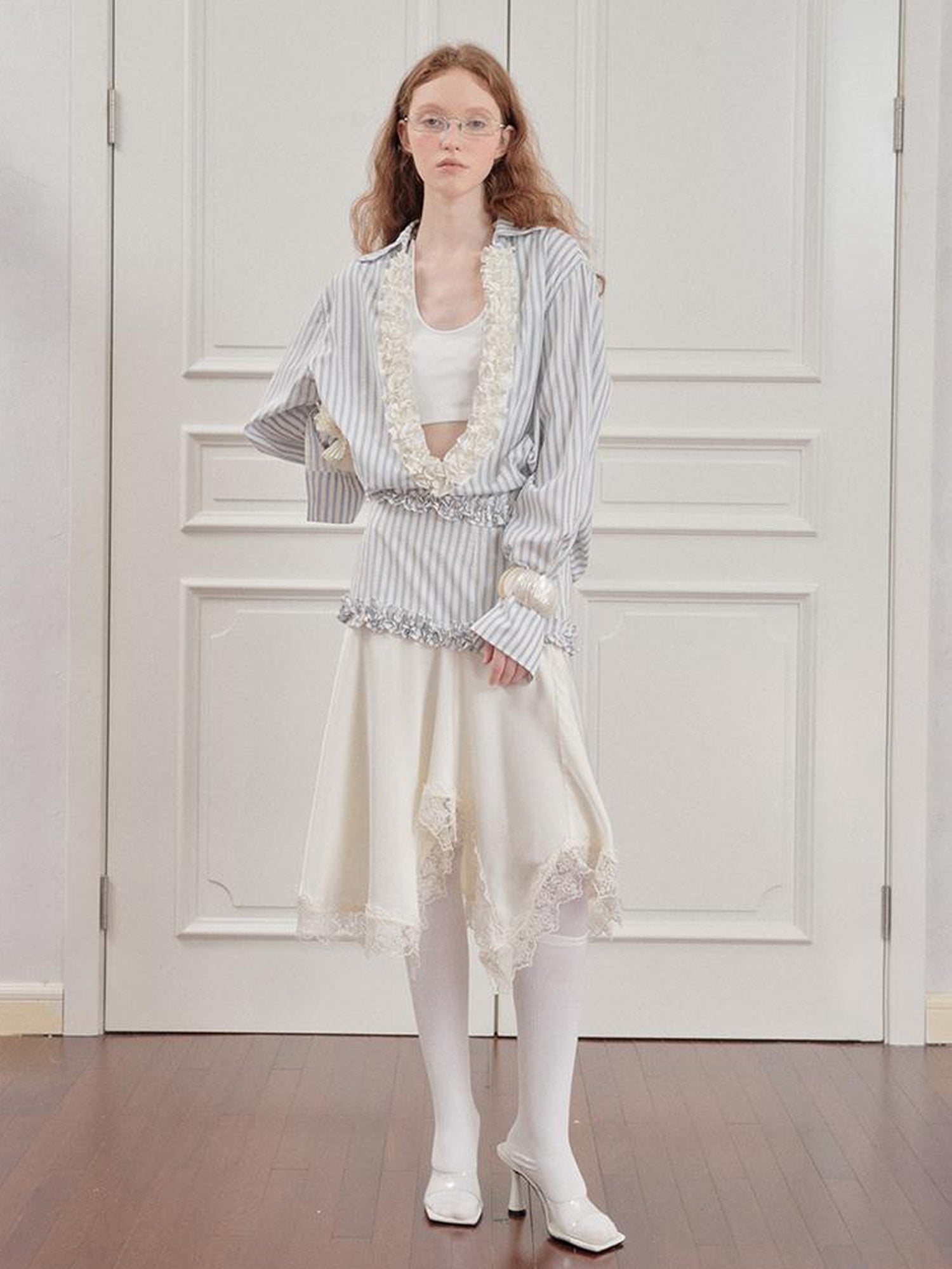 AnnoMundi Pleated Light V Neck Striped Blouse