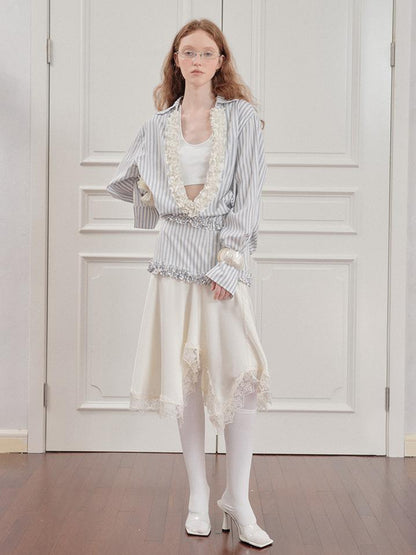 AnnoMundi Pleated Light V Neck Striped Blouse