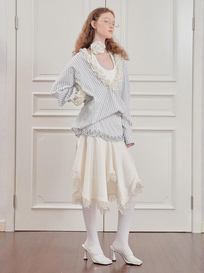 AnnoMundi Pleated Light V Neck Striped Blouse