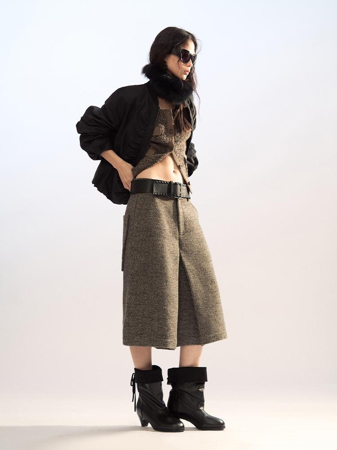 AnnoMundi Pleated Wide Leg Wool Tweed Women&