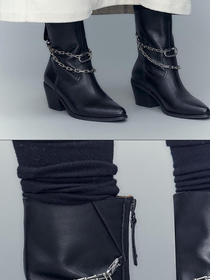 AnnoMundi Pointed Toe Chain Chelsea Boots Matte Leather Ankle Boots