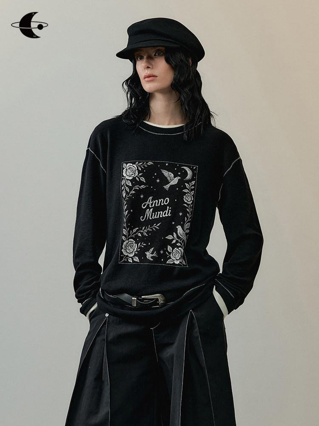 AnnoMundi Relaxed Casual Cotton Modal Rose Embroidered Low Round Neck Women Black T-Shirt