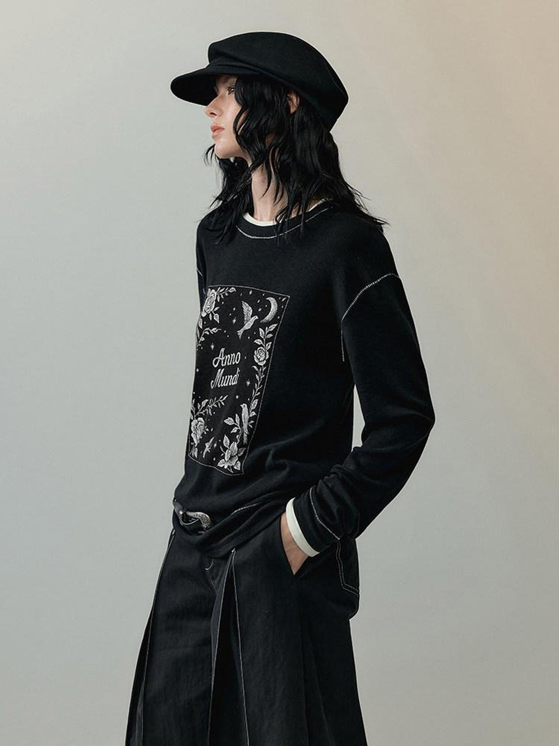 AnnoMundi Relaxed Casual Cotton Modal Rose Embroidered Low Round Neck Women Black T-Shirt