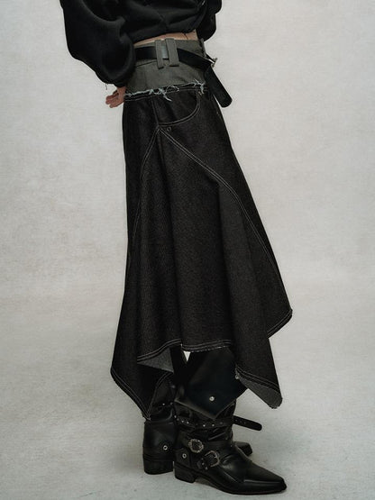 AnnoMundi Relaxed Colorblock Frayed Hem Asymmetrical Skirt