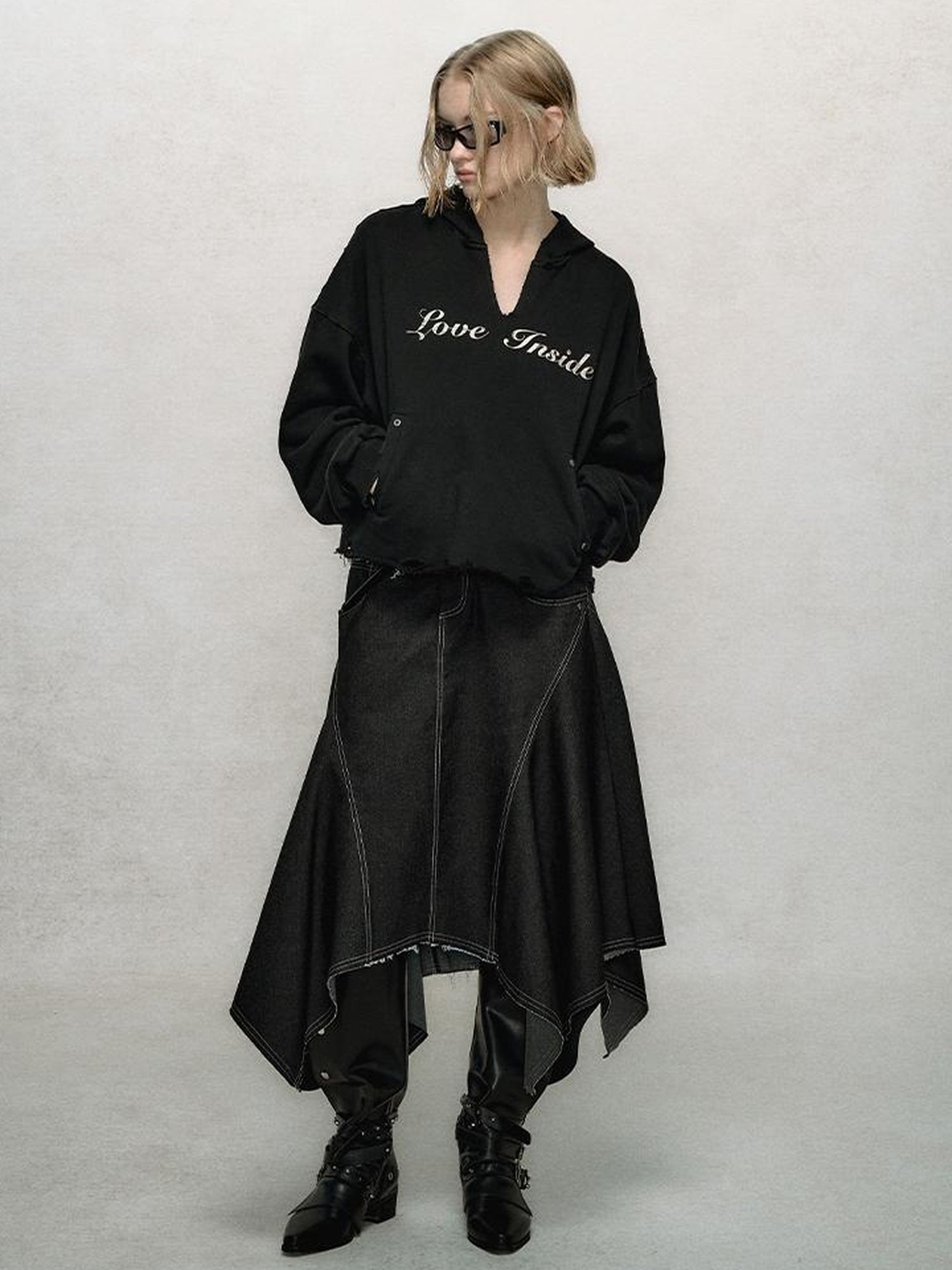 AnnoMundi Relaxed Colorblock Frayed Hem Asymmetrical Skirt