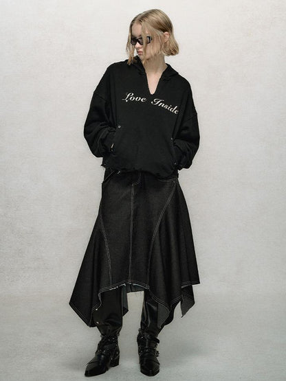 AnnoMundi Relaxed Colorblock Frayed Hem Asymmetrical Skirt