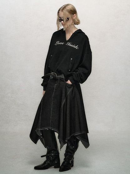 AnnoMundi Relaxed Colorblock Frayed Hem Asymmetrical Skirt