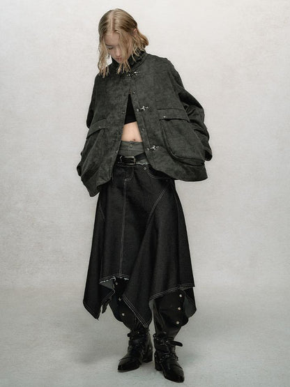 AnnoMundi Relaxed Colorblock Frayed Hem Asymmetrical Skirt