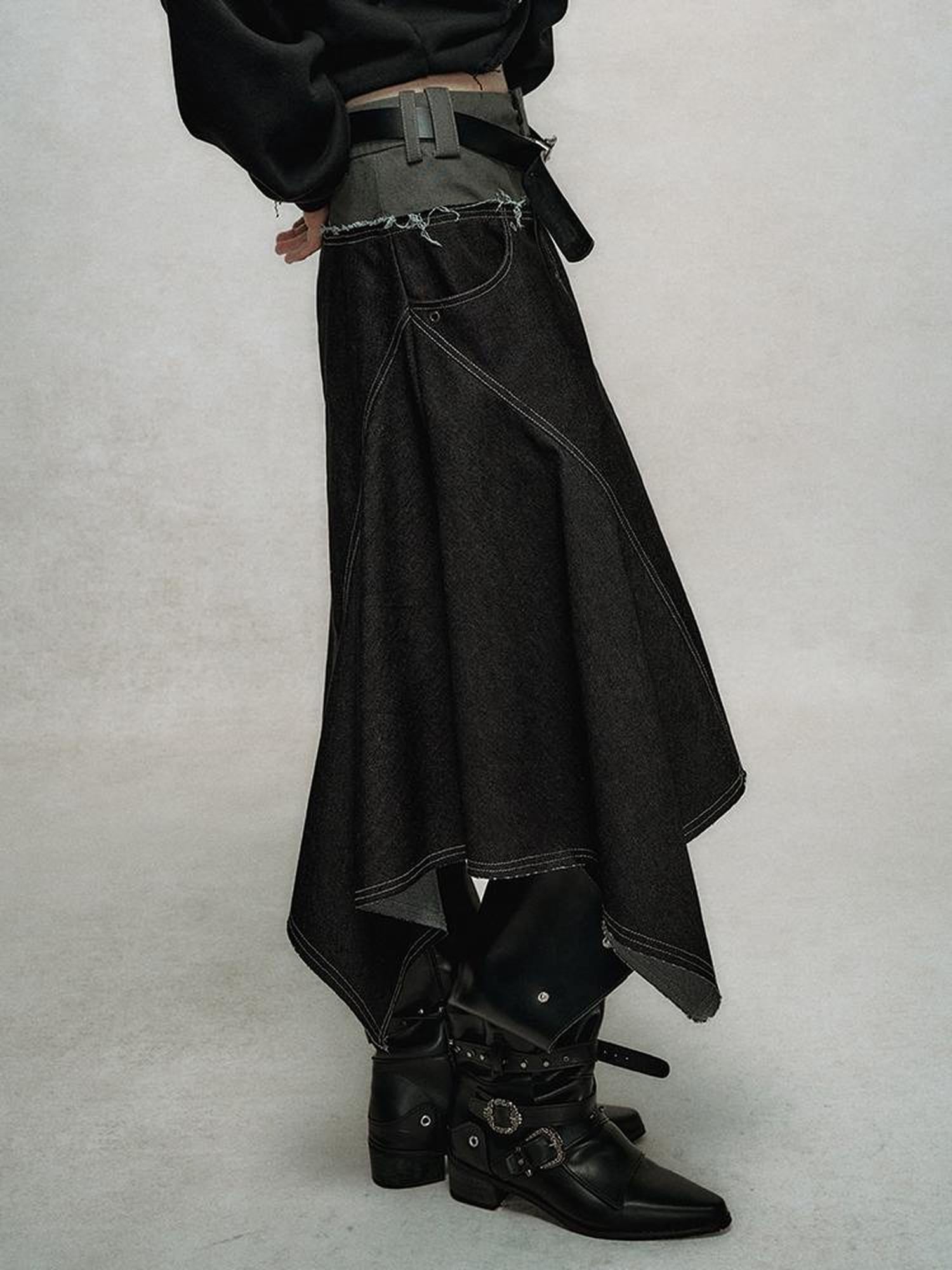 AnnoMundi Relaxed Colorblock Frayed Hem Asymmetrical Skirt