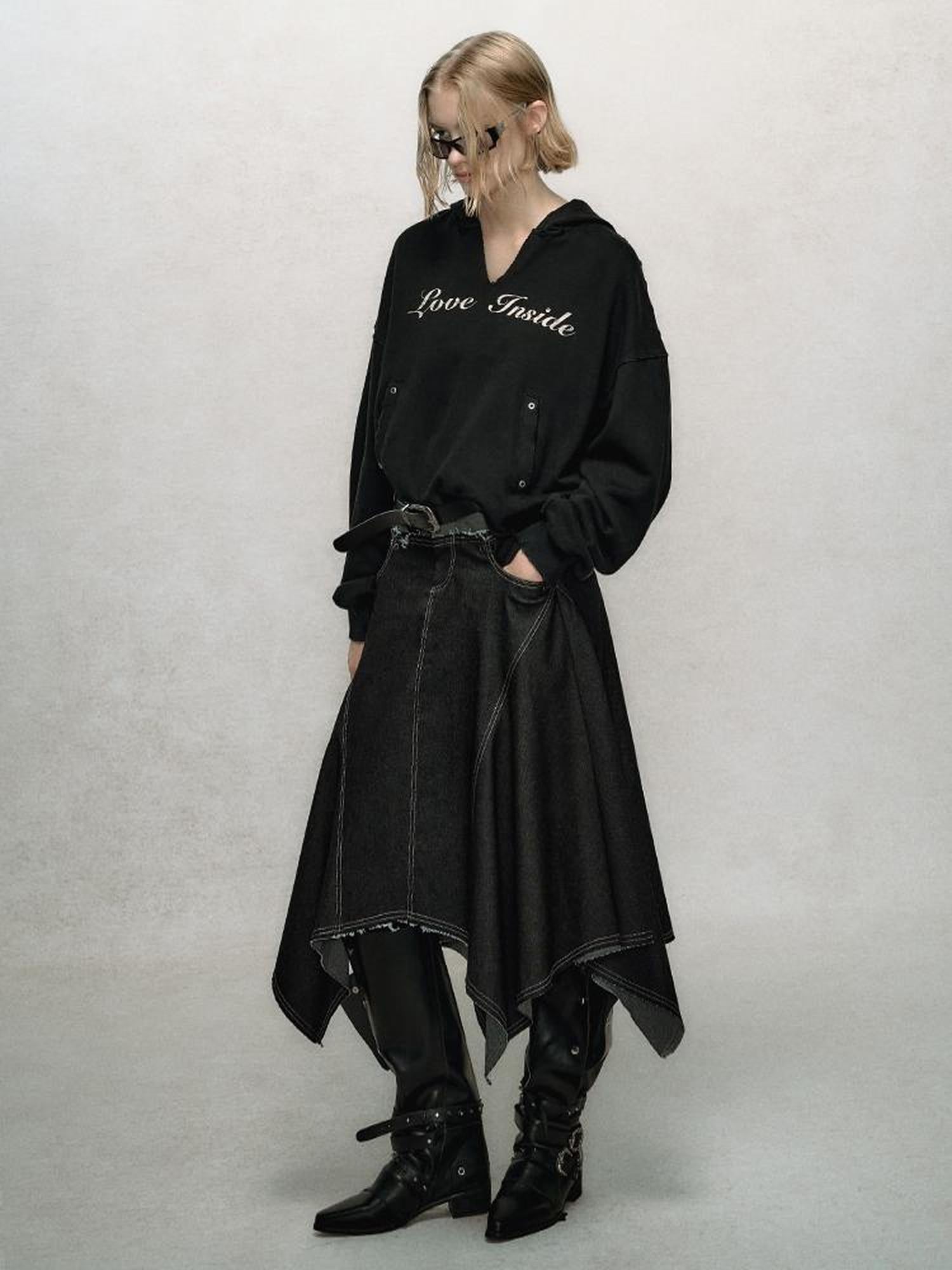 AnnoMundi Relaxed Colorblock Frayed Hem Asymmetrical Skirt