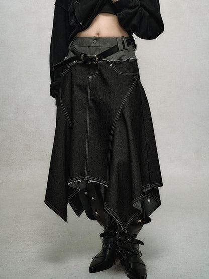 AnnoMundi Relaxed Colorblock Frayed Hem Asymmetrical Skirt