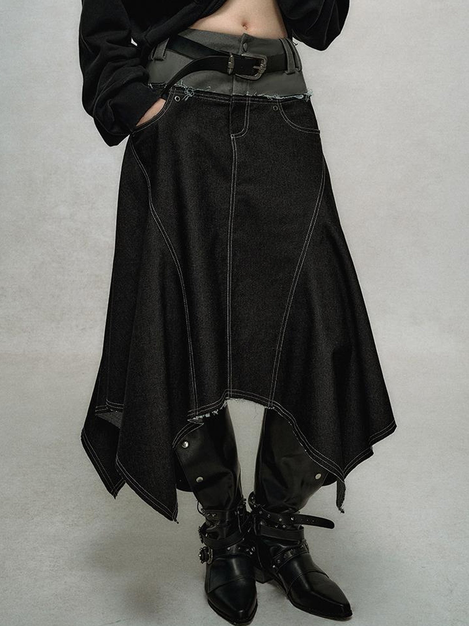 AnnoMundi Relaxed Colorblock Frayed Hem Asymmetrical Skirt