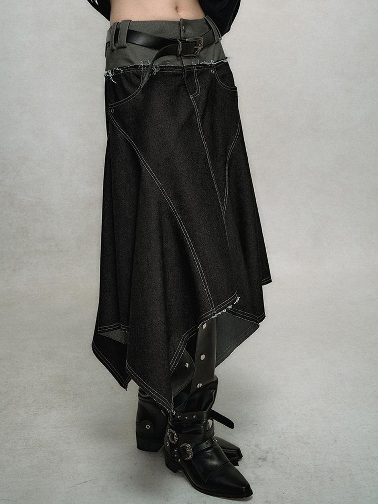 AnnoMundi Relaxed Colorblock Frayed Hem Asymmetrical Skirt