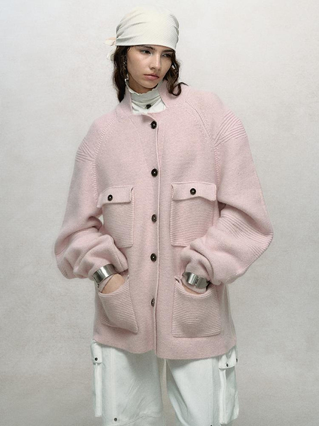 AnnoMundi Relaxed Stand Collar Knit Cardigan Drop Shoulder Loose Fit
