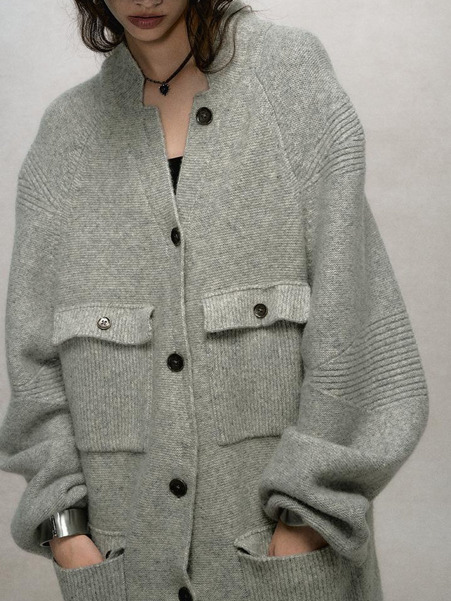 AnnoMundi Relaxed Stand Collar Knit Cardigan Drop Shoulder Loose Fit