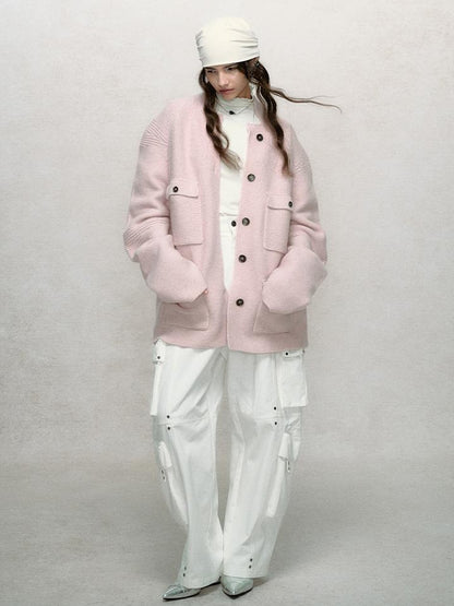 AnnoMundi Relaxed Stand Collar Knit Cardigan Drop Shoulder Loose Fit
