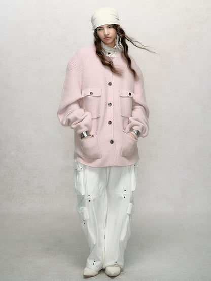AnnoMundi Relaxed Stand Collar Knit Cardigan Drop Shoulder Loose Fit