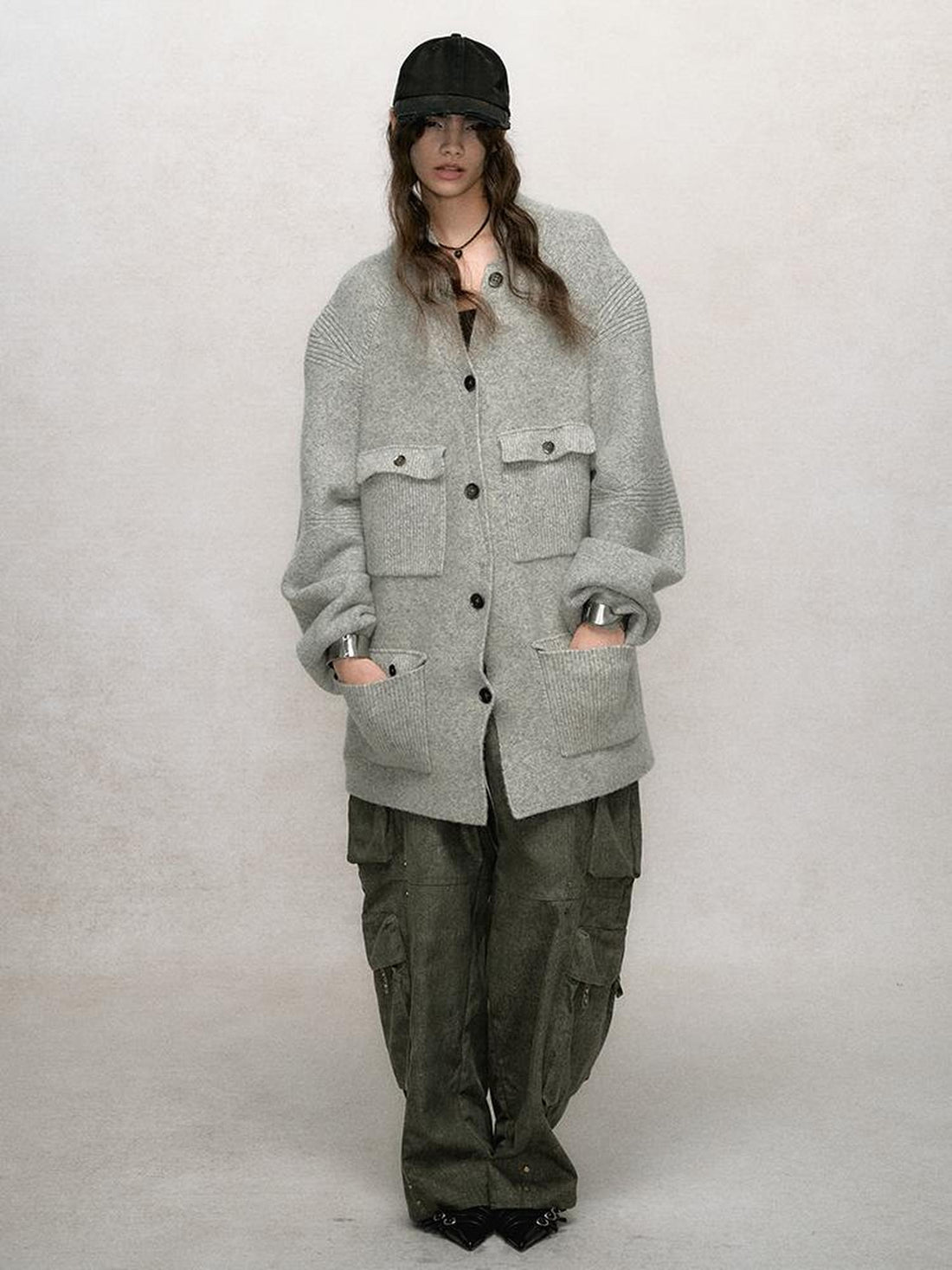 AnnoMundi Relaxed Stand Collar Knit Cardigan Drop Shoulder Loose Fit