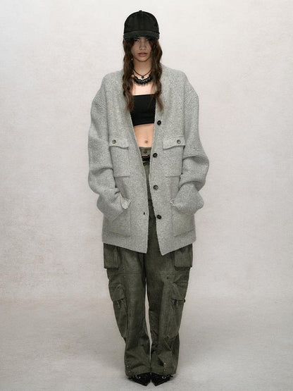 AnnoMundi Relaxed Stand Collar Knit Cardigan Drop Shoulder Loose Fit