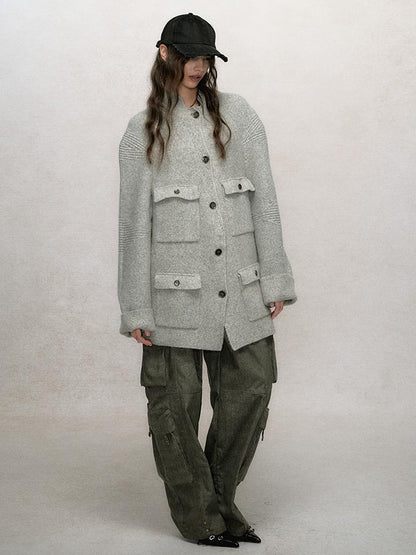 AnnoMundi Relaxed Stand Collar Knit Cardigan Drop Shoulder Loose Fit