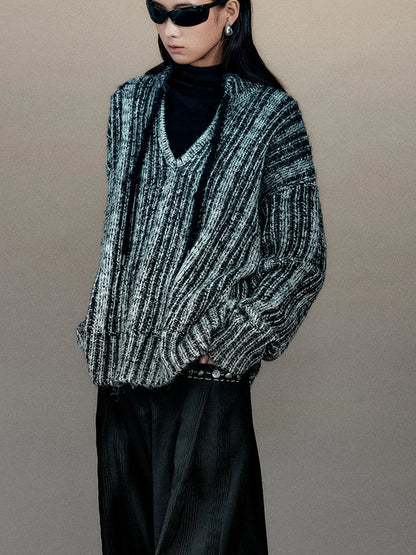 Retro Chinese Stripe Relaxed Fit V-Neck Sweater