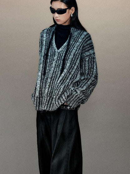 AnnoMundi Retro Chinese Stripe Relaxed Fit V-Neck Sweater