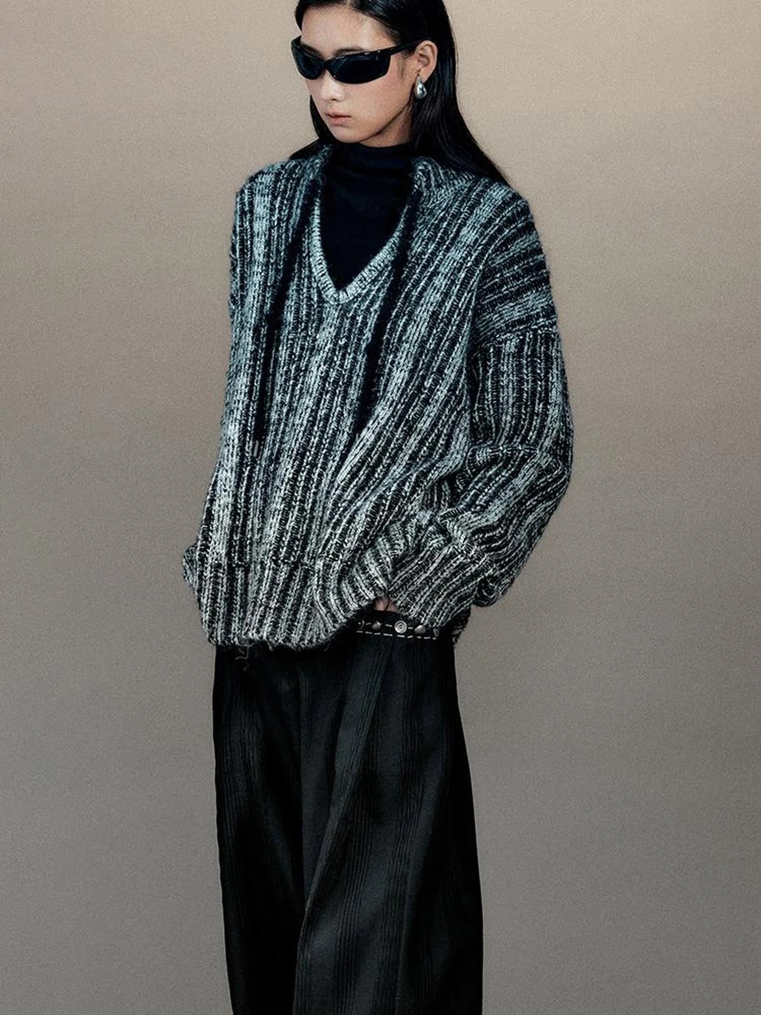 Retro Chinese Stripe Relaxed Fit V-Neck Sweater