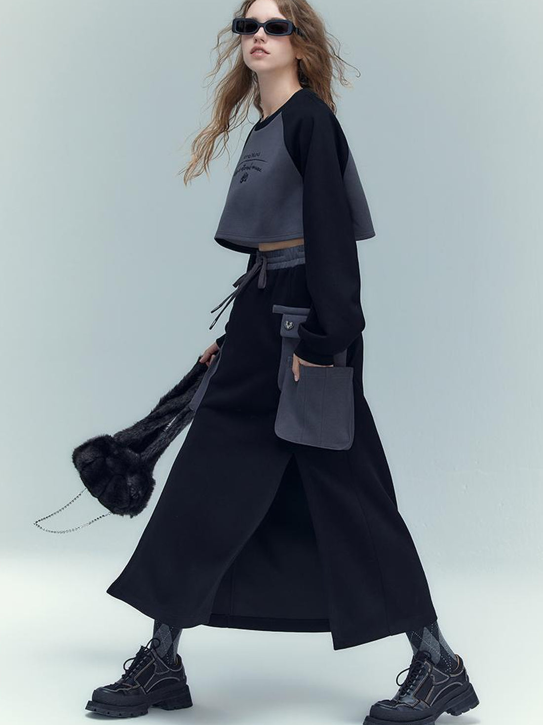 AnnoMundi Retro Color Block Hoodie And Skirt Set