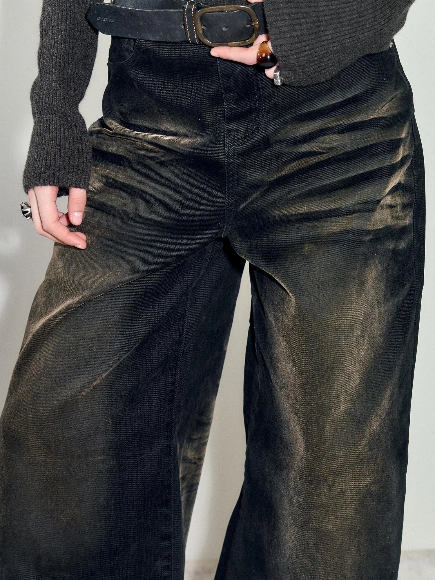 Retro Heavy Wash Flare Velvet Denim Pants