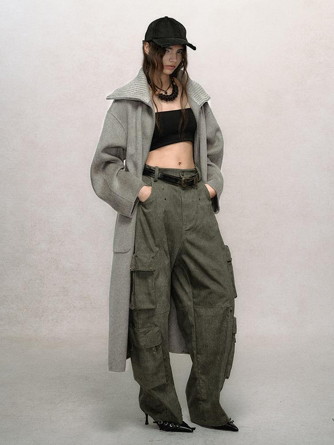 AnnoMundi Retro Sage Green Wool Blend Coat With Detachable Collar